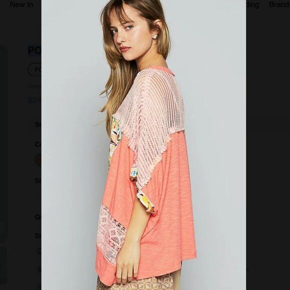 POL NEW Hollow Out Floral Half Sleeve Knit Top in coral - small - Picture 2 of 7